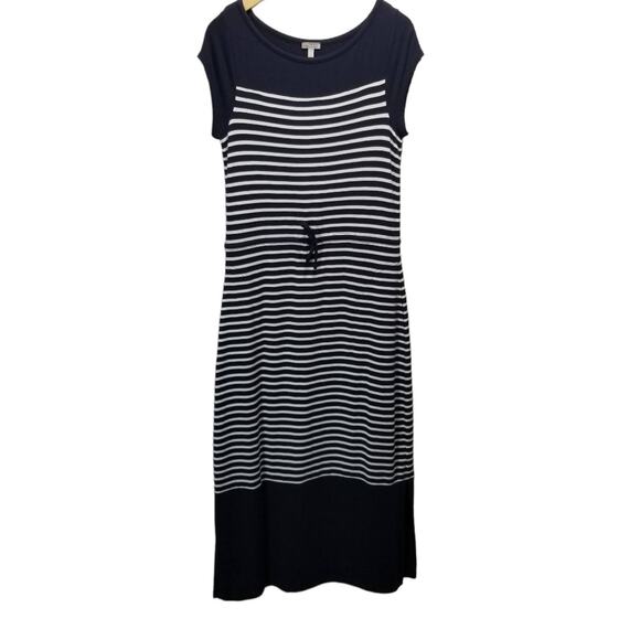 Talbots Maxi Dress Medium Short Sleeve Navy Blue White Strip Knit Tie Waist - Picture 6 of 6